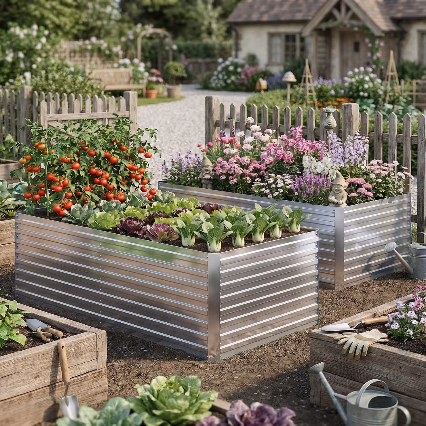 Set di 2 aiuole rialzate Outsunny in metallo galvanizzato con bordo sicuro, fioriere elevate per orto e giardino, argento – 2
