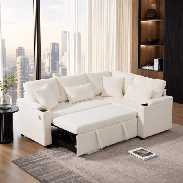 Divano letto angolare ULEVR 206,5x141 cm con contenitore, USB e portabicchieri, ciniglia beige