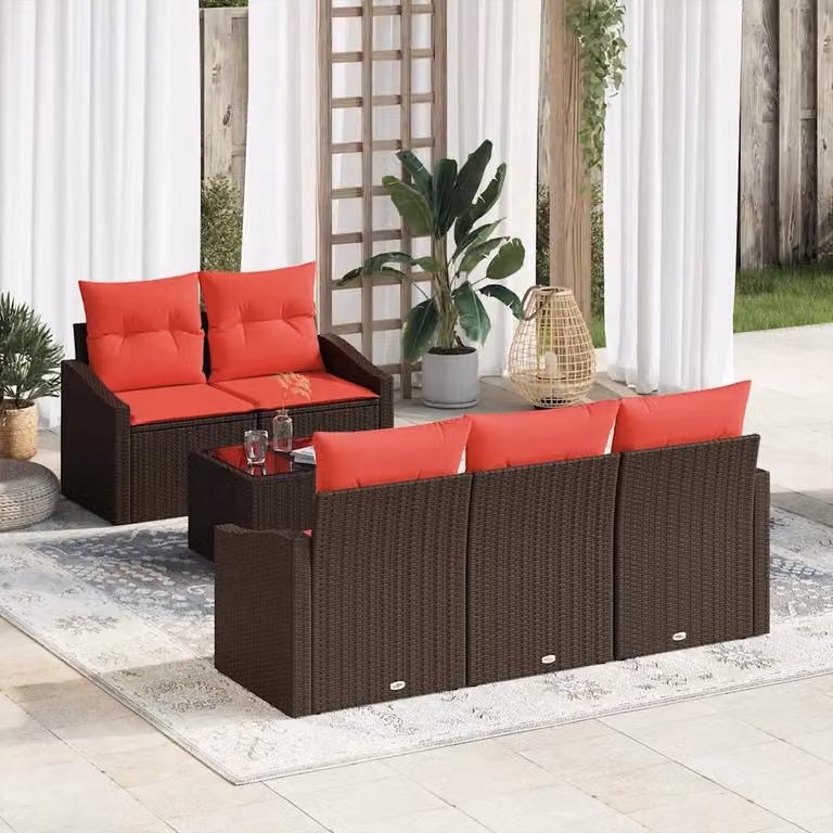 Set di divani da giardino vidaXL in rattan e metallo, 6 pezzi, marrone e rosso con cuscini inclusi