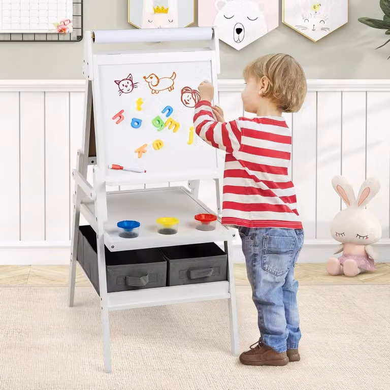 Cavalletto 3 in 1 per bambini Costway con doppia faccia magnetica e lavagna bianca, Bianco