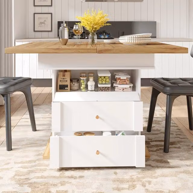 Tavolo rettangolare allungabile REDOM in MDF bianco e beige per cucina e soggiorno L/P/H: 110-140 x 80 x 75 cm