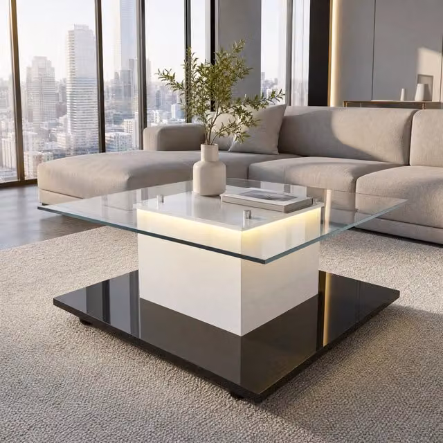 Tavolino basso fisso con piano in vetro temperato LED regolabile e ruote con freno bianco e nero 80 × 80 × 40 cm