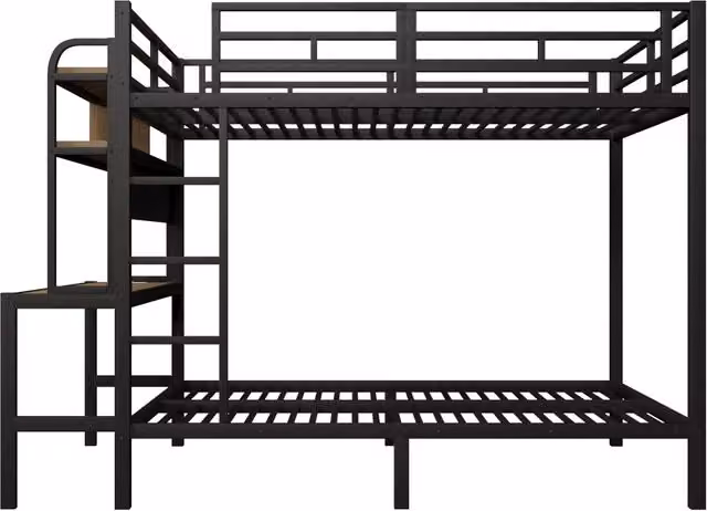 Letto a castello 140x200 cm con struttura in ferro, scrivania, luce LED e porta USB, nero