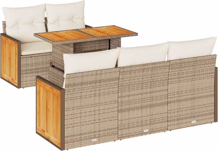 Set Divano da Giardino 6 pz con Cuscini Beige Polyrattan Acacia