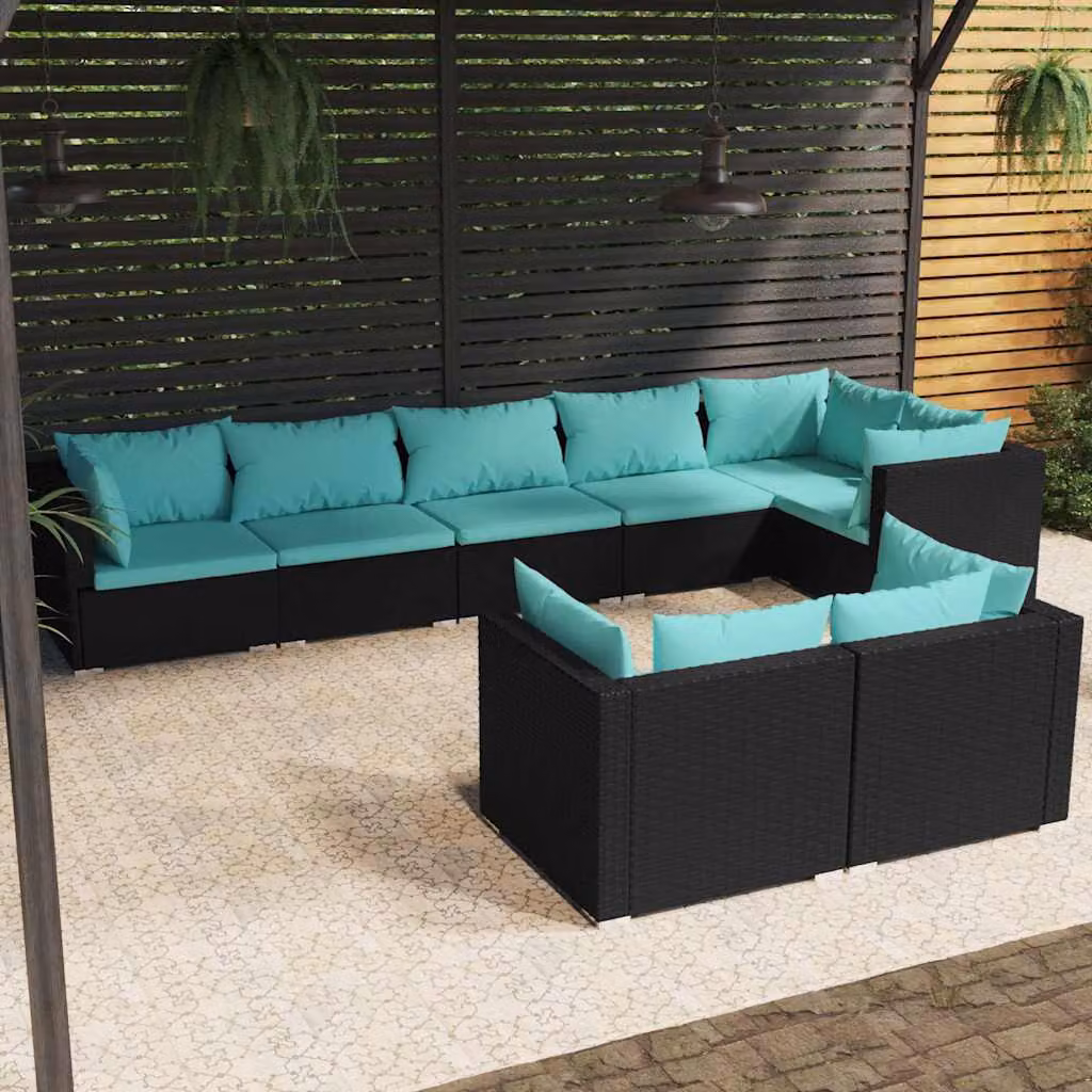 Set Mobili da Giardino a Forma di L vidaXL in Polyrattan Nero con Cuscini Blu e Coperture Rimovibili