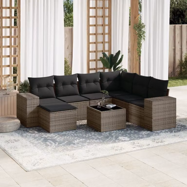 vidaXL Set Divano da Giardino 8 pz a Forma di L in Polyrattan Grigio con Cuscini e Tavolino