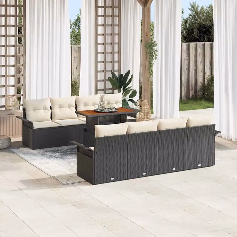 Set Divano da Giardino Moderno vidaXL in Rattan e Metallo Nero con Cuscini e Tavolino da Caffè