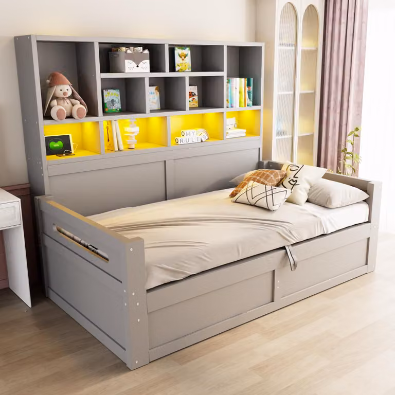 Divano letto imbottito in legno okwish, 90x200 cm, con spazio contenitore idraulico e illuminazione LED. Letto per bambini con prese di corrente e spazio contenitore. Letto singolo grigio, senza materasso