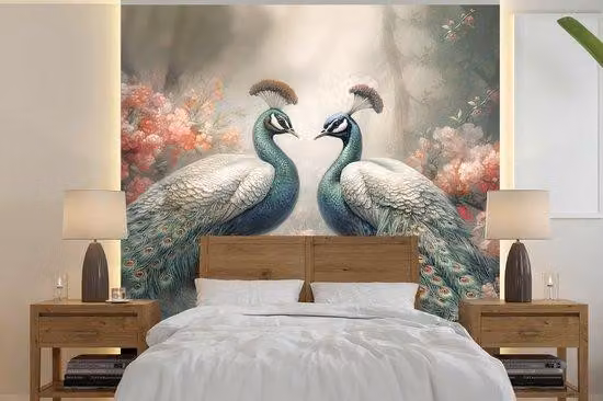 Carta da parati con motivo naturale: uccelli, pavoni - 300 x 300 cm
