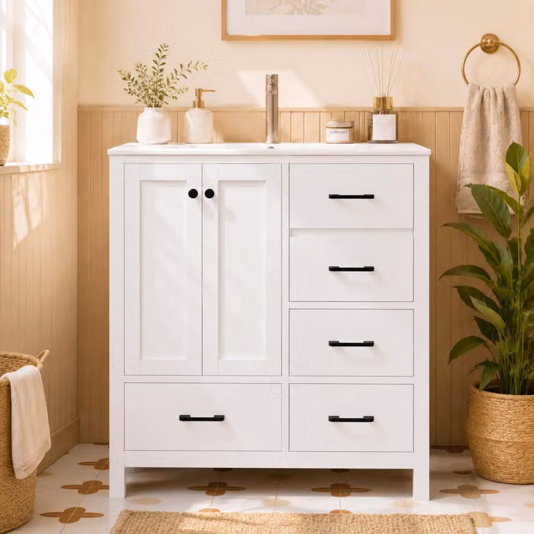 Mobile bagno autoportante, bianco, dimensioni 76x46x82 cm, realizzato in MDF al 100%, con 4 cassetti e lavabo in Vetroceramica