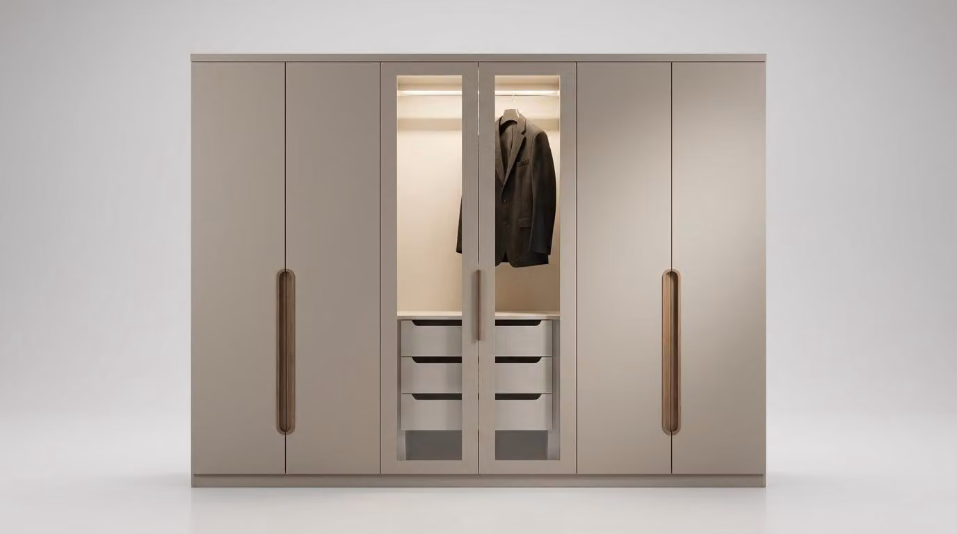 Armadio, design confortevole ed elegante, color beige, minimalista, spazioso, moderno, con vetro