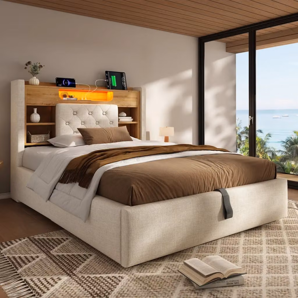 Letto REDOM in tessuto beige con illuminazione LED, porte USB, testiera con ripiano e base contenitore, L/P: 90 x 200 cm – 2