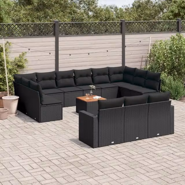Set di divani da giardino a forma di U vidaXL in polyrattan nero con cuscini e tavolino da esterno – 1
