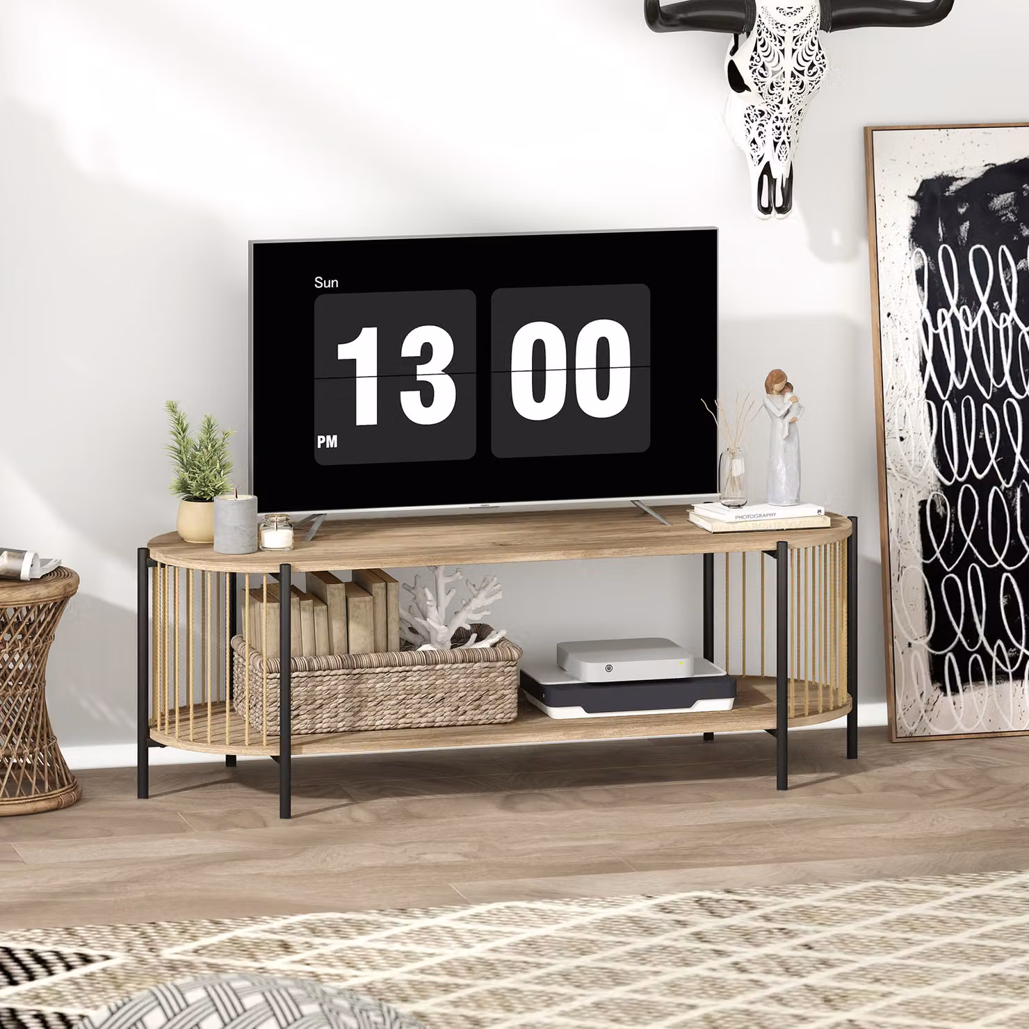 Mobile TV HOMCOM in stile Bohemien con design in corda di carta e 2 ripiani aperti, adatto fino a 55 pollici, colore naturale, L 124 x P 43,5 x H 41 cm – 2
