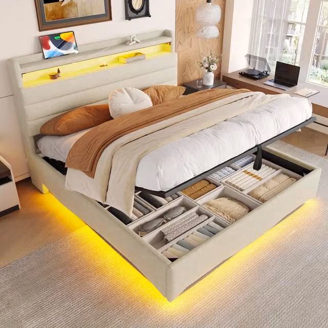 Letto contenitore 140×200 cm con LED regolabile, sollevamento idraulico, USB e Type-C, senza materasso, beige