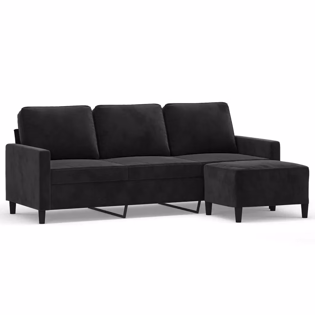 Divano a 3 posti moderno vidaXL in velluto nero con poggiapiedi coordinato L: 198 cm, P: 80 cm, H: 77 cm – 2