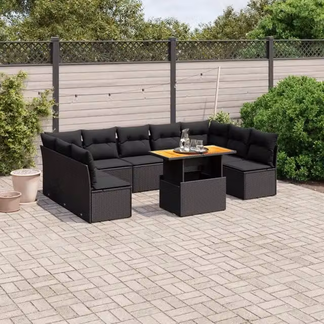 Set Divani da Giardino 10pz con Cuscini in Polyrattan Nero 3271454