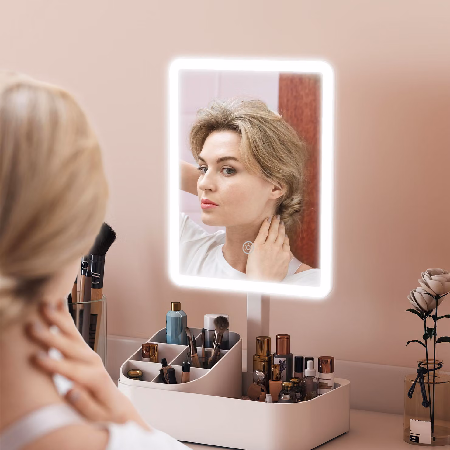 Specchio da Trucco da Tavolo HOMCOM con Luce LED Regolabile e Organizer per Trucchi, Bianco – 2