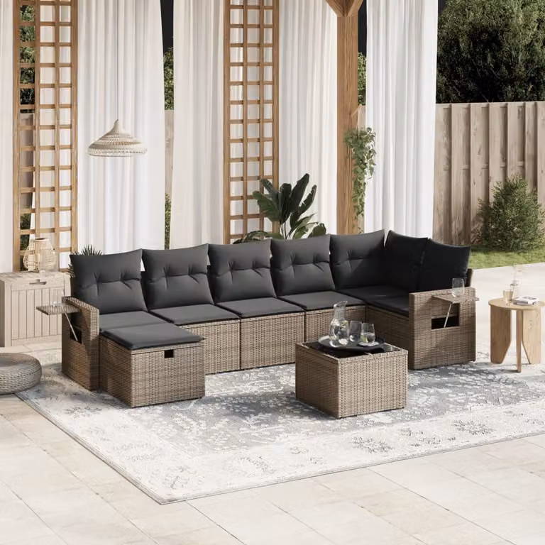 vidaXL Set Divano da Giardino 8 pz a Forma a L in Polyrattan Grigio con Cuscini e Tavolino