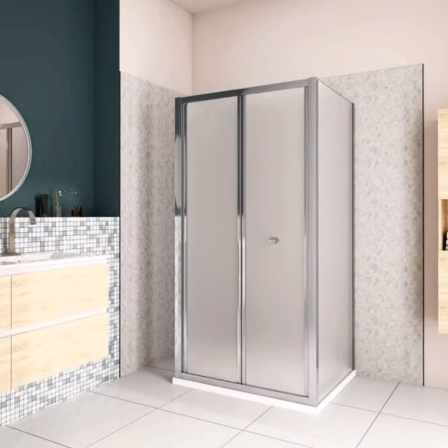 185cm Box Doccia a Tre Lati Porta a Soffietto 80cm con Doppia Parete Fissa 80x80cm in Vetro Temperato Satinato Opaco 5 mm Profilo Cromato Lucido