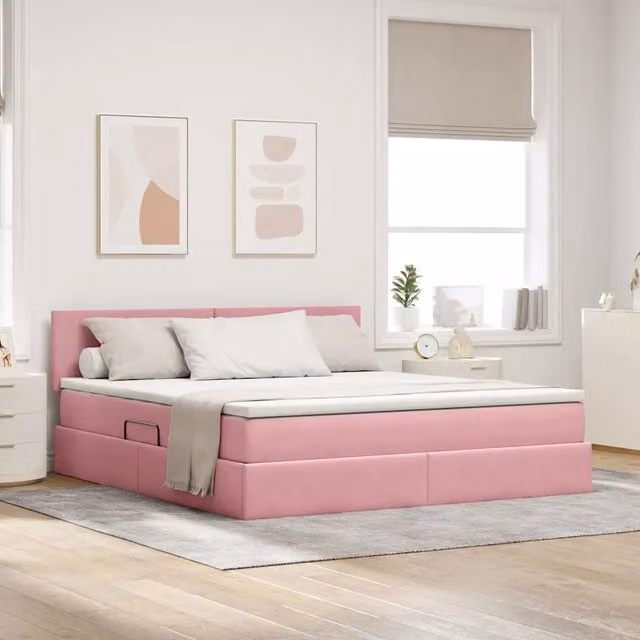 Letto con contenitore e illuminazione LED vidaXL in velluto rosa con porta USB, L: 160 cm, P: 200 cm, H: 88 cm – 1