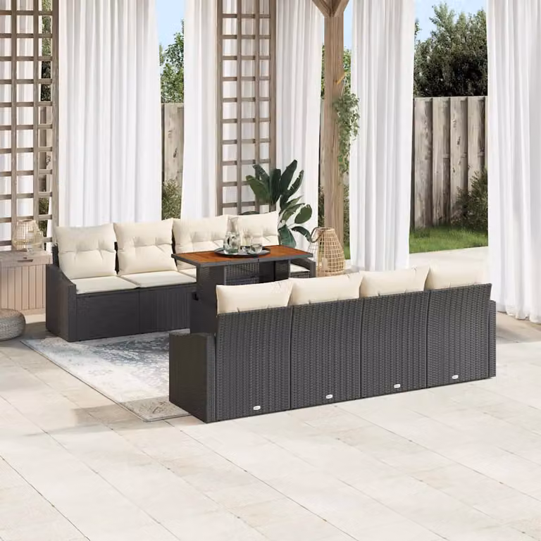 Set da pranzo da giardino moderno vidaXL in rattan e legno di acacia con cuscini nero e beige