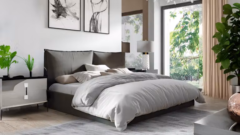 Letto imbottito GUTTO 160x200 rete a doghe in metallo tessuto velluto grigio Velvett con rete e contenitore