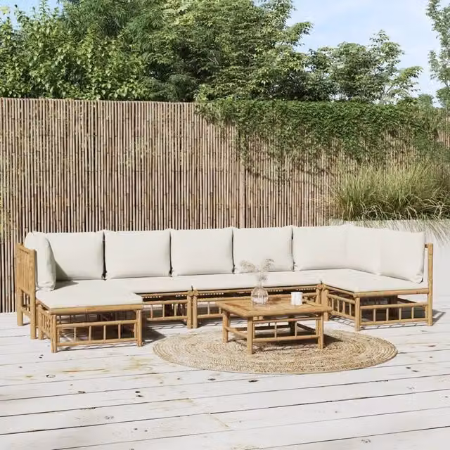 Set Salotto da Giardino vidaXL in Bambu con Cuscini Bianco e Beige 8pz – 1