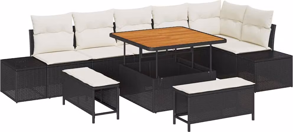 Set Divano da Giardino con cuscino 9 pcs Nero polyrattan