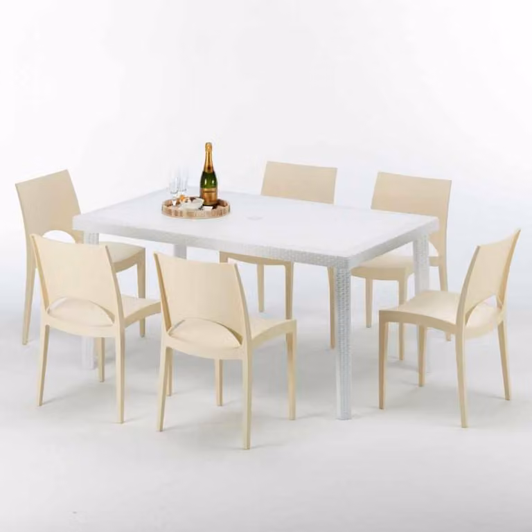 Tavolo rettangolare bianco e 6 sedie Set di bastoni da esterno in polipropilene colorato Grand Soleil Paris Summerlife - Beige