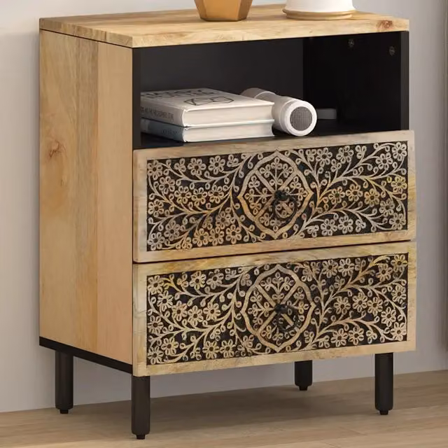 Comodino-Tavolino da notte Design Mania in legno di mango e metallo, colore marrone, L/P/H: 50 x 33 x 60 cm – 1