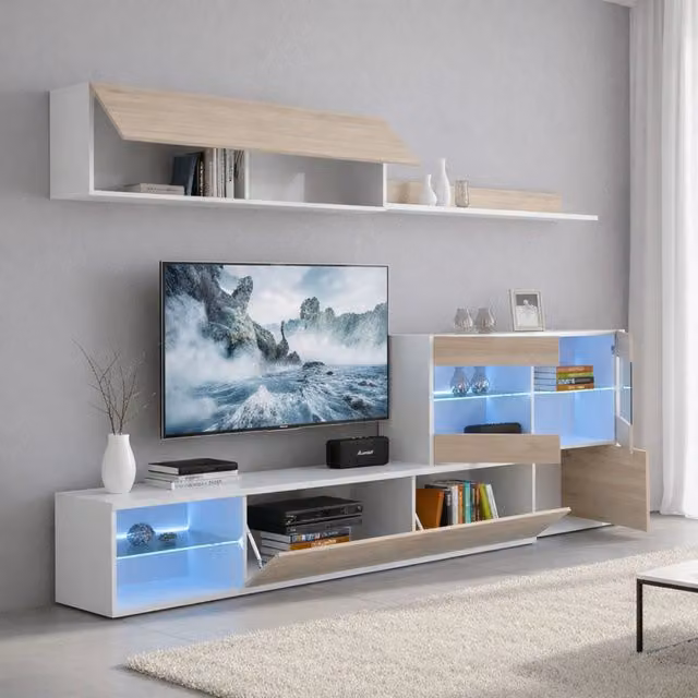 Parete attrezzata Agio DMORA con luce LED, mobile salotto modulare moderno in Rovere e Bianco, L: 260 cm, H: 180 cm