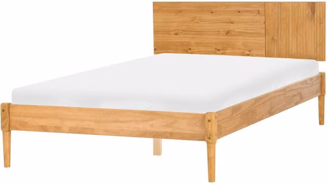 Letto con rete in legno di pino naturale color marrone chiaro, 140 x 200 cm, con testiera in stile scandinavo