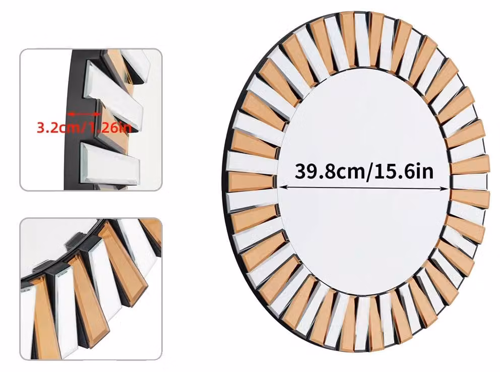 Specchio da parete, design a forma di raggi di sole, costruzione resistente, 60 cm (24 pollici)