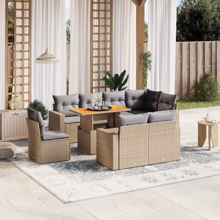 vidaXL Set Divano da Giardino 9 pz a Forma di L in Polyrattan con Cuscini Beige e Tavolino da Caffè Moderno