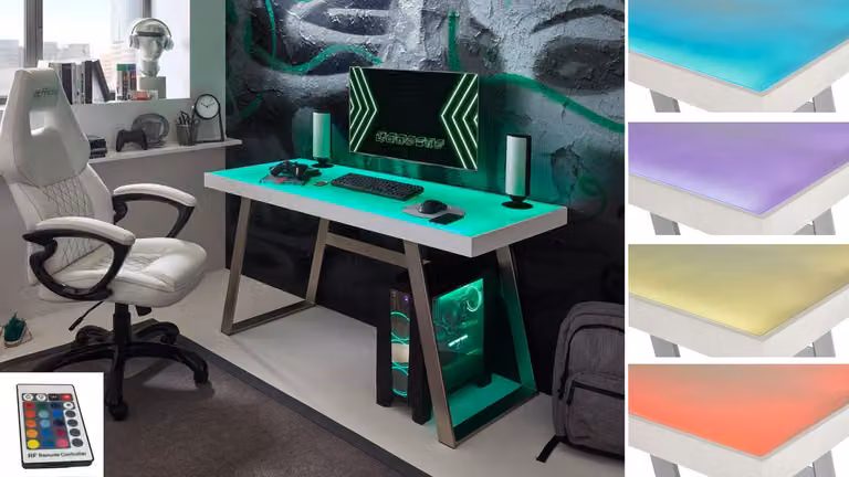 Scrivania TIFLIS piano in vetro bianco RGB LED struttura in acciaio inossidabile