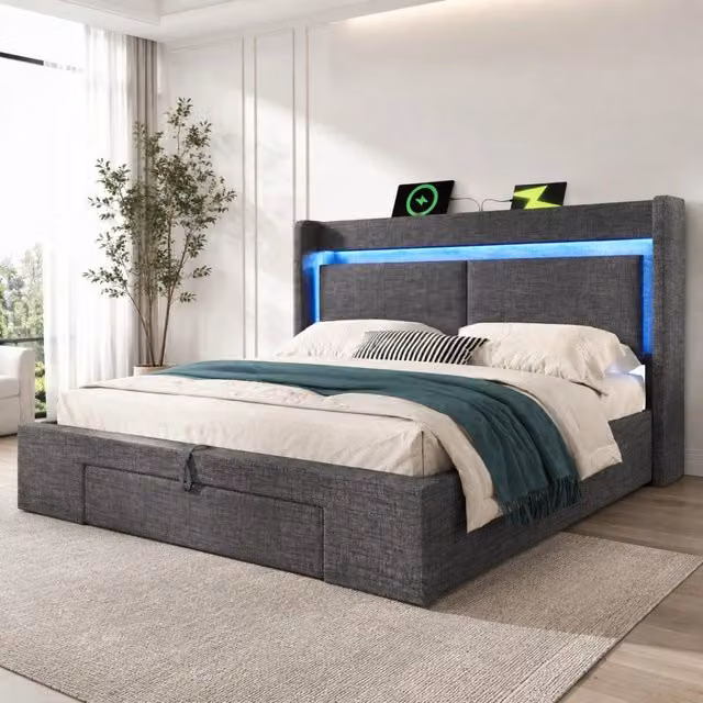 Letto matrimoniale imbottito 140 × 200 cm con vano idraulico testiera USB USB-C LED grigio lino