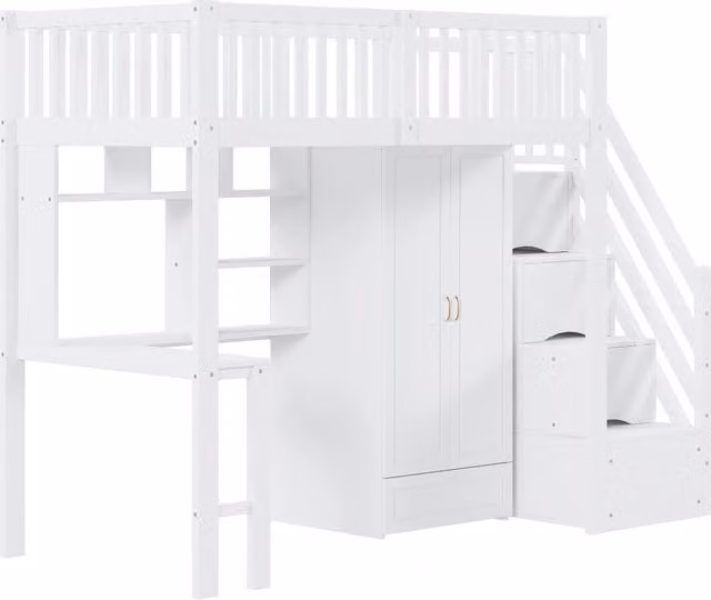 Letto a soppalco in legno massello 90×200 cm bianco con guardaroba, scrivania, scaffale e scala a cassetti, per bambini e ragazzi, senza materasso