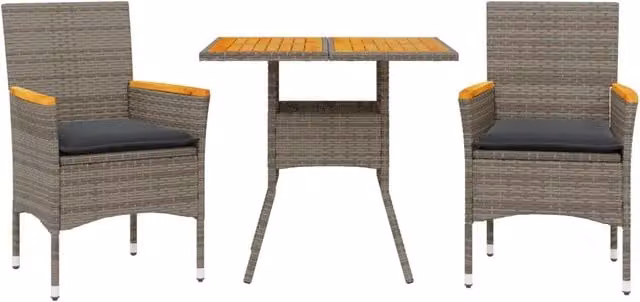 Set Pranzo da Giardino 3pz | Set Salotto da Giardino con Cuscini Polyrattan Acacia Grigio