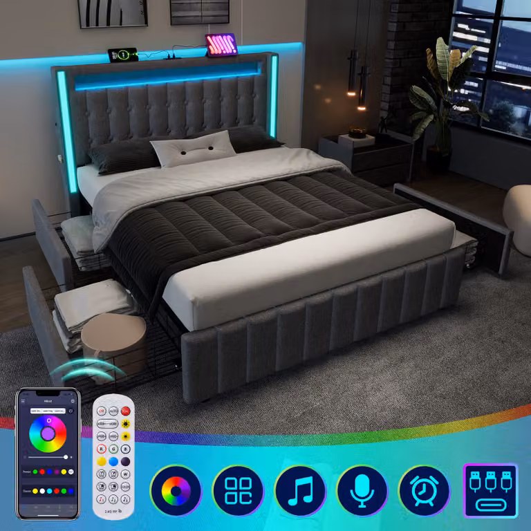 okwish Letto imbottito 160×200 con 4 cassetti, letto matrimoniale con porte USB e illuminazione a LED, letto con contenitore di colore grigio, materasso escluso