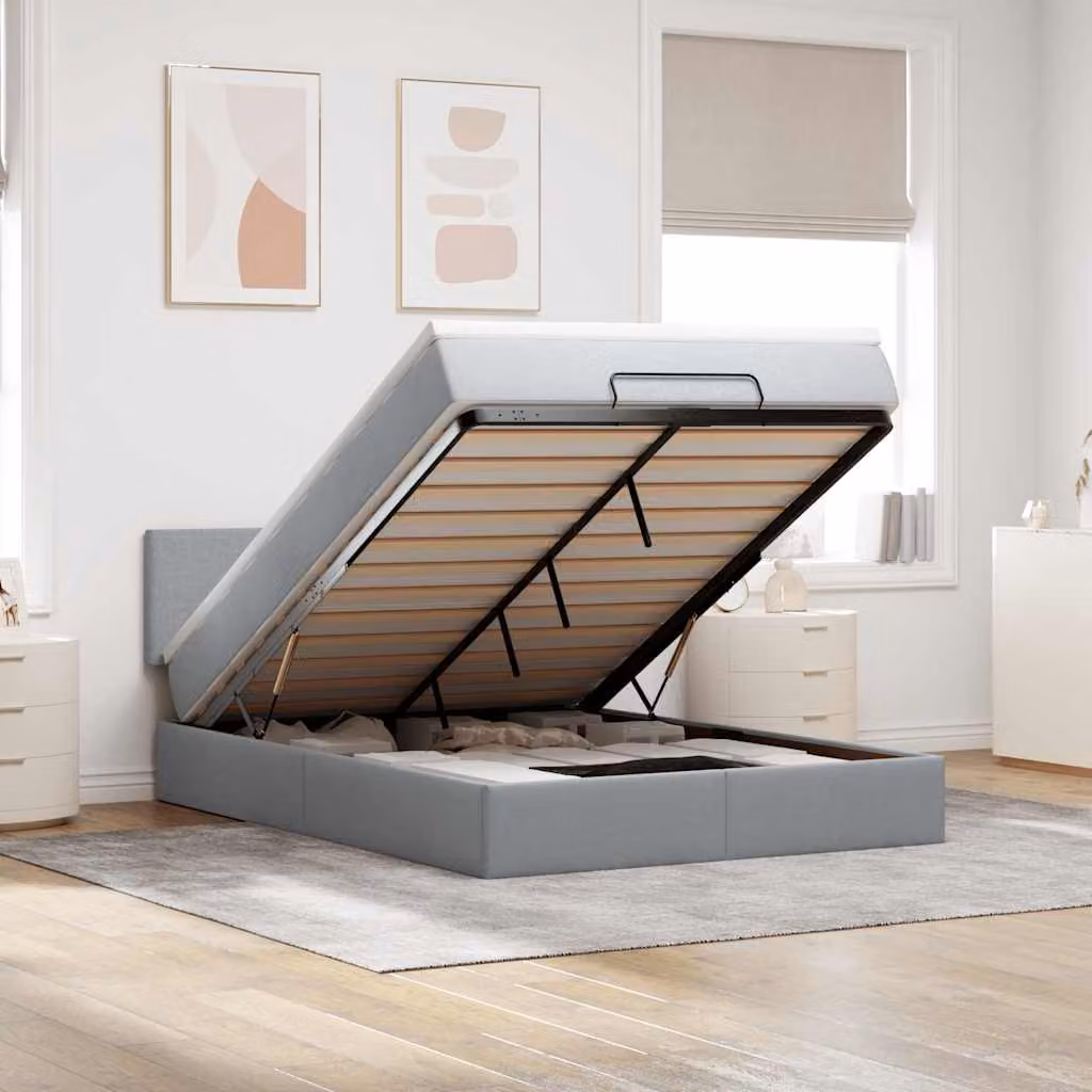 Letto con contenitore a sollevamento e materasso vidaXL in tessuto grigio e bianco, L/P/H: 200 x 140 x 88 cm – 1