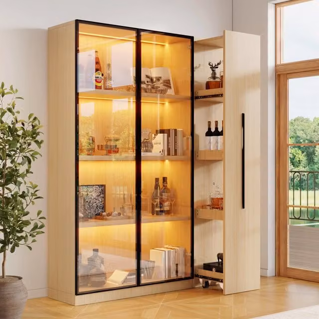 Armadio Vetrina REDOM in MDF con Ante in Vetro e Illuminazione LED, Colore Marrone e Beige, L: 110,5 cm, P: 35 cm, H: 160 cm – 1