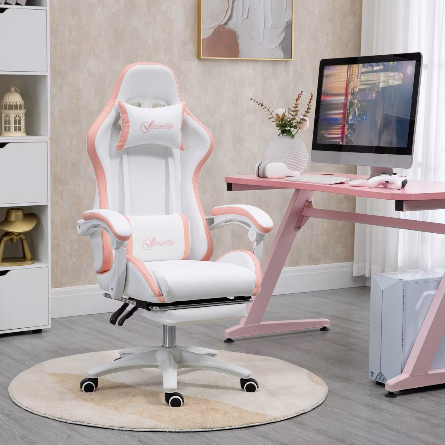 Sedia da Gaming Vinsetto Aosom con Altezza Regolabile e Schienale Reclinabile, Bianco e Rosa, L/P/H: 65 x 65 x 121-129 cm – 2