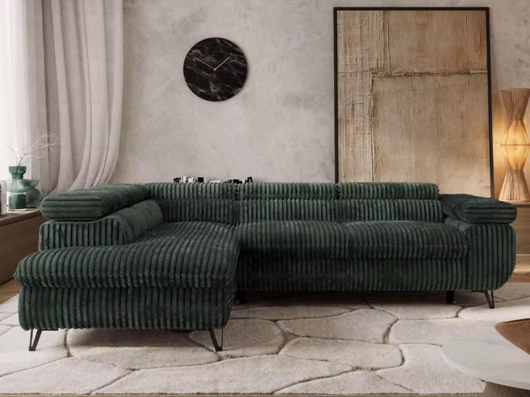 Divano letto a L Divano angolare Divano da salotto con poggiatesta regolabili - PABLO L - Cord - Verde - Sinistra