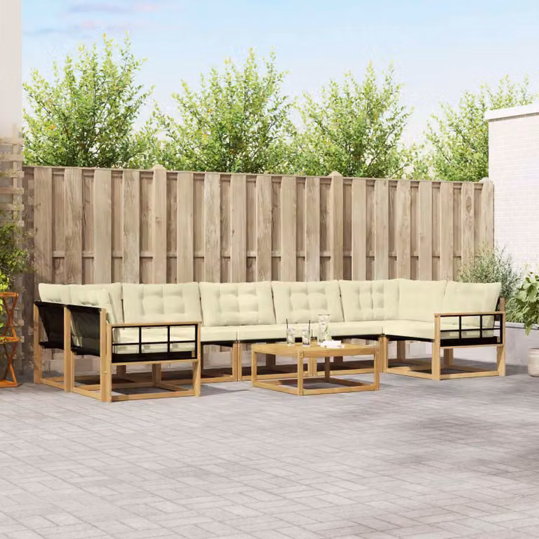 Set di divani da esterno vidaXL 8 pz in legno di acacia con tavolino e cuscini, Bianco, Beige e Marrone