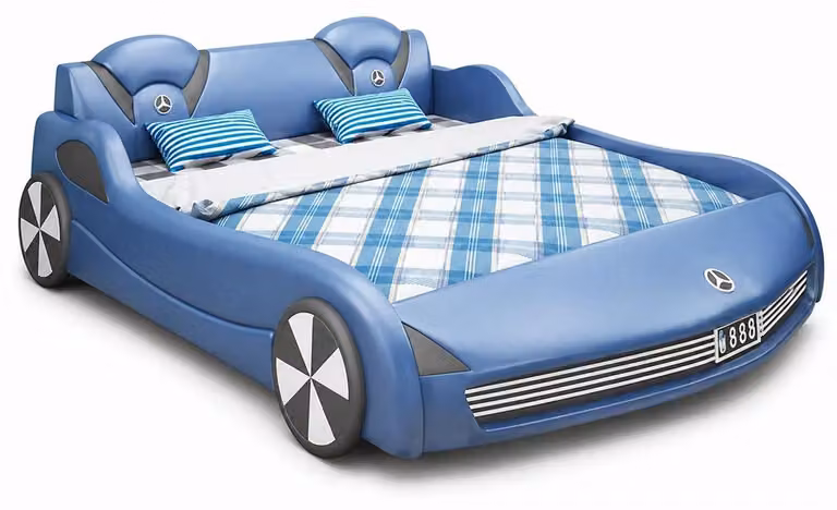 Letto blu per bambini, ideale per ragazzi. Letto a forma di auto. Letti per bambini con illuminazione LED