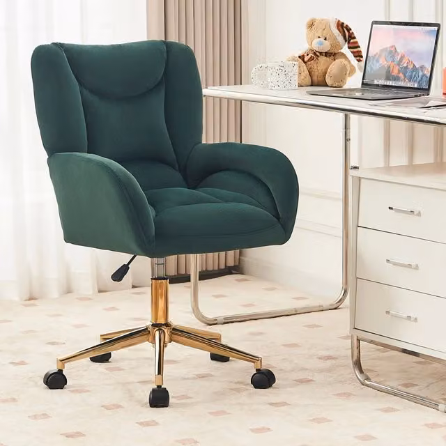 Sedia da ufficio ergonomica OKWISH in velluto verde con base in metallo dorato e ruote girevoli 360 gradi