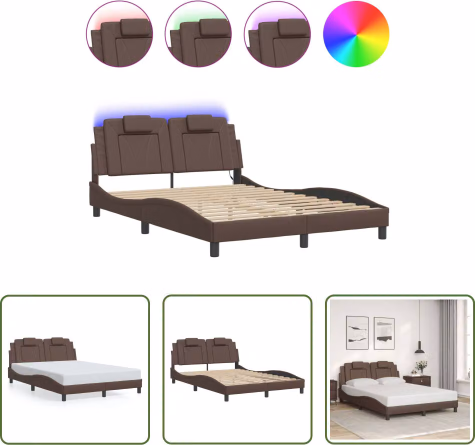 The Living Store Struttura letto con LED Marrone 140x190 cm in ecopelle