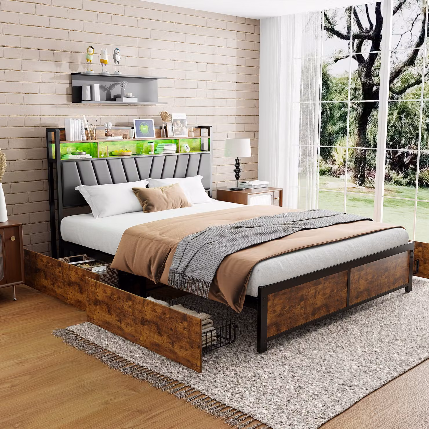 Letto imbottito matrimoniale 160x200 cm in metallo, con LED e USB, imbottito in PU, rete a doghe, nero, design moderno, ideale per camere da letto, funzionale e confortevole