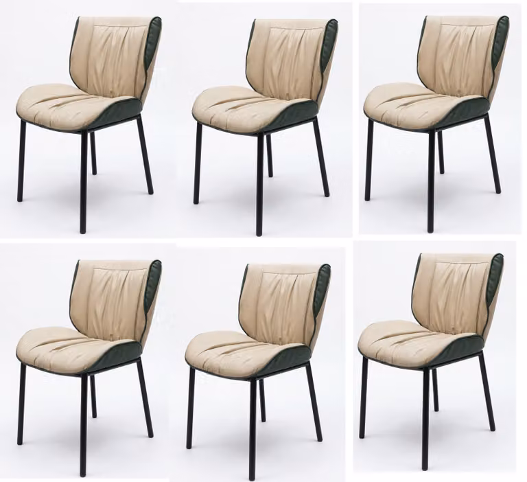 Set di 6 sedie da pranzo, colore beige, imbottite in ecopelle, con motivo a coste